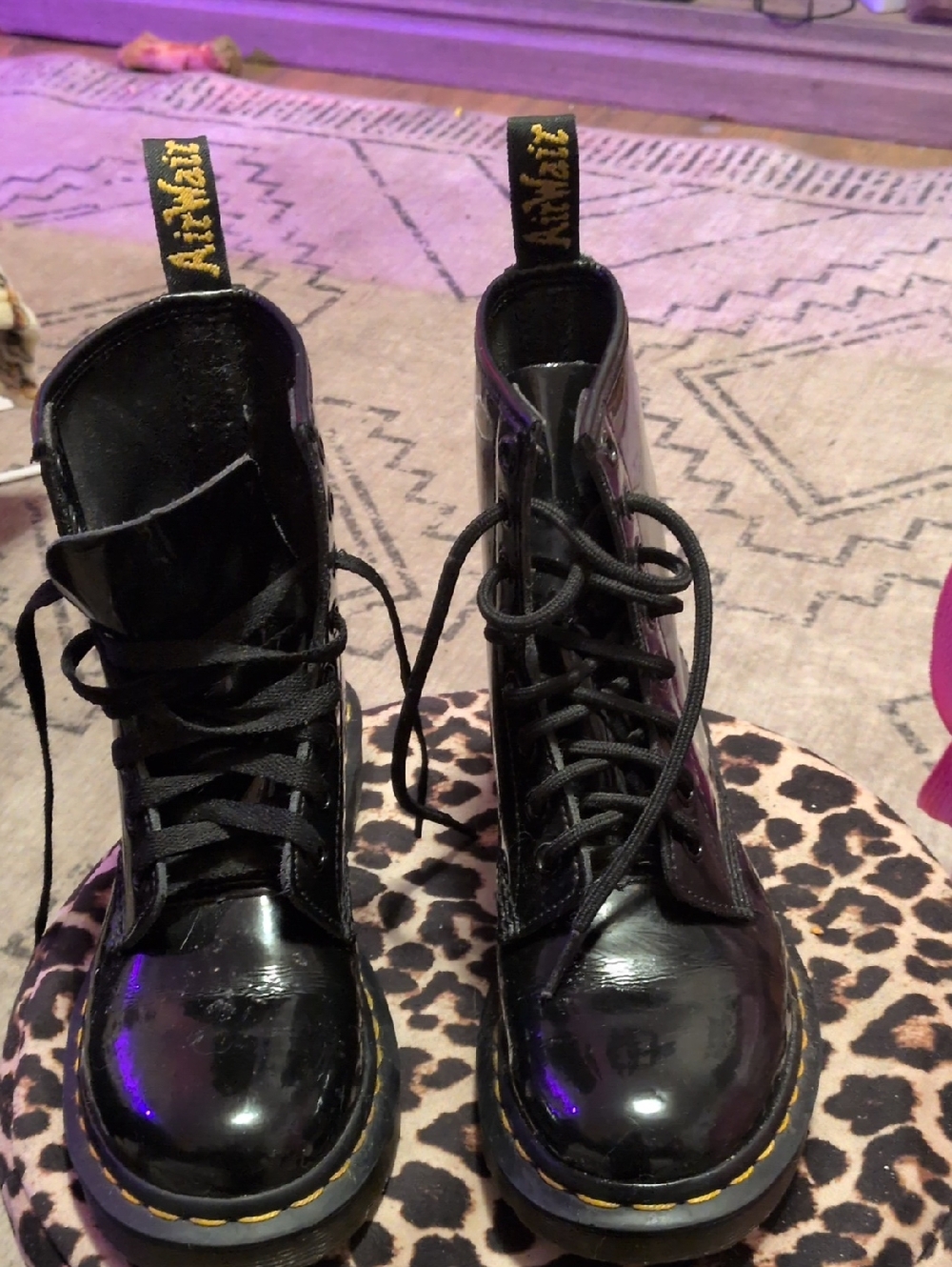Dr. Martens Black Patent Lace-Up Combat Boots with Yellow Stitching